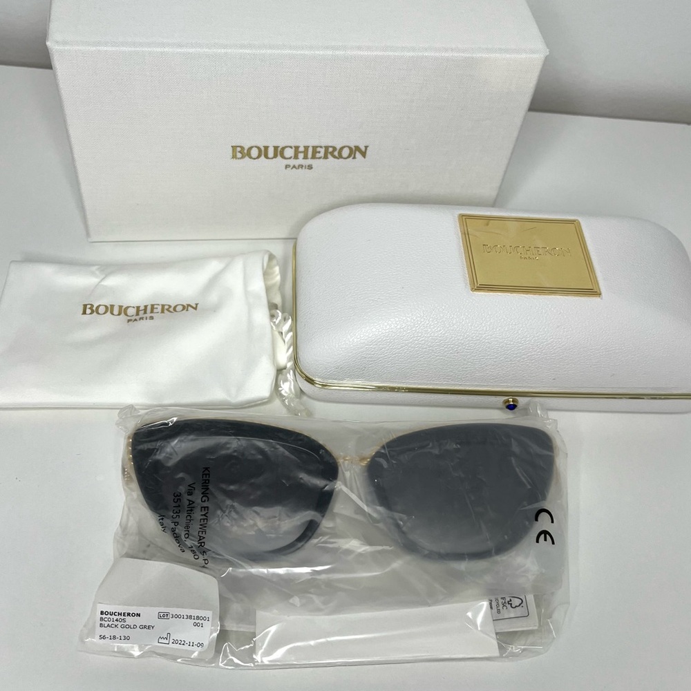 Boucheron NWT Embellished Cat Eye Sunglasses BC0140S 001 Black/Gold - Picture 4 of 12